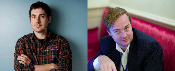 Kevin Rose standing against a blue wall and Jason Calacanis sitting in a red chair