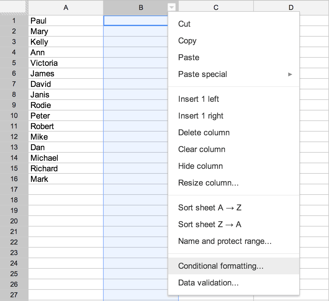 Screenshot of the conditional formatting menu in Google spreadsheets.