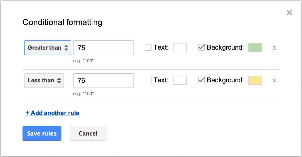 Screenshot of the conditional formatting modal in Google spreadsheets.