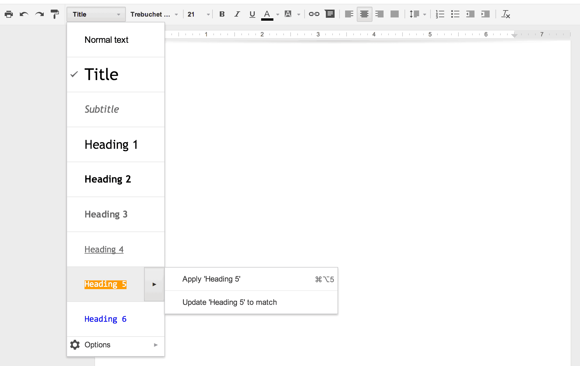 A screenshot of the Title menu in Google Docs.