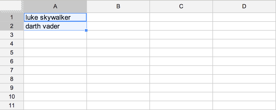 A screenshot of a Google spreadsheet that says luke skywalker and darth vader in the first two cells.