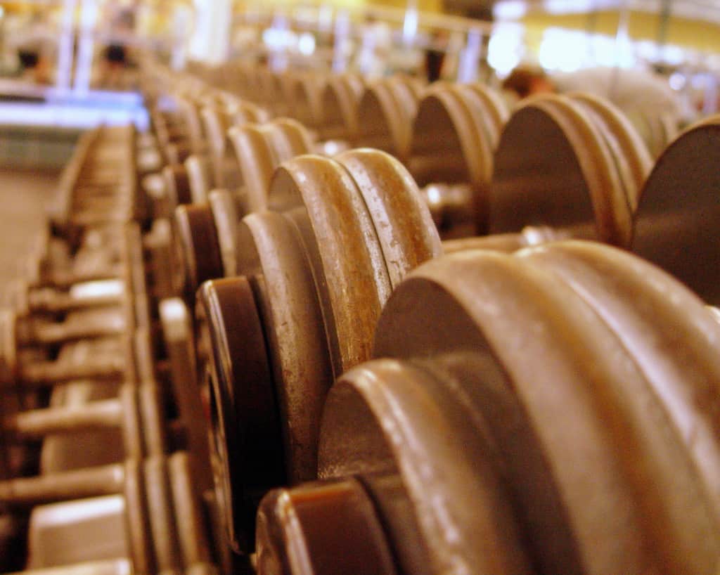 Photograph of dumbbell weights at a gym.
