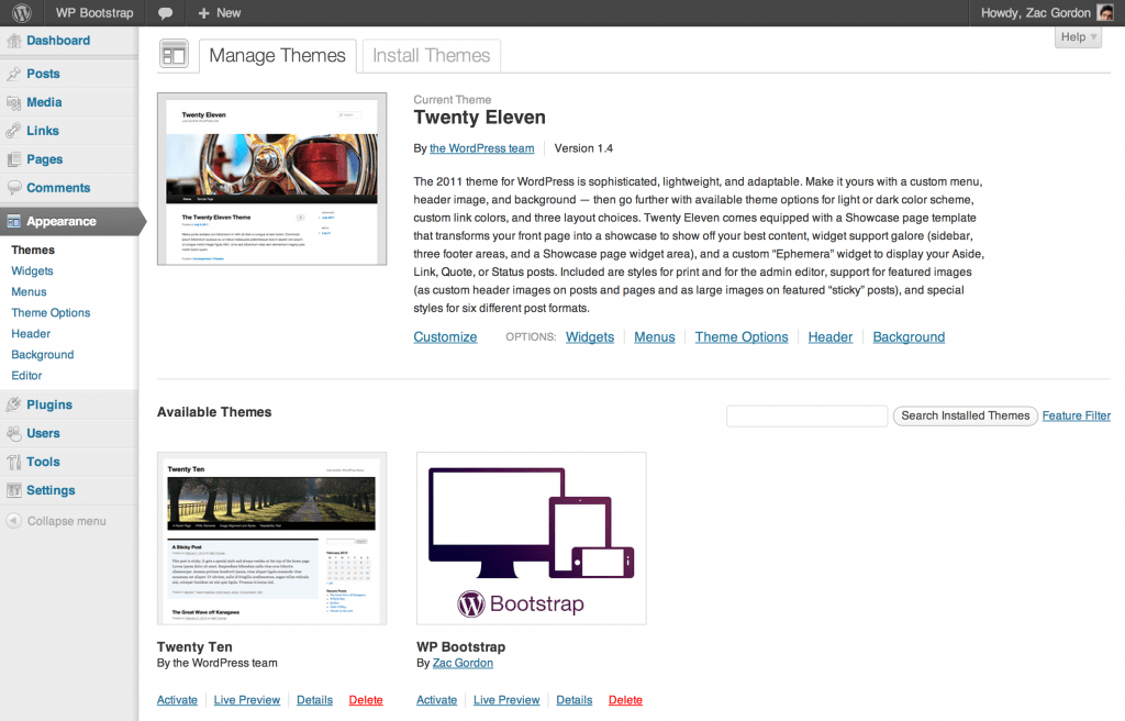 Screenshot showing the WP Bootstrap theme listed on the Themes page