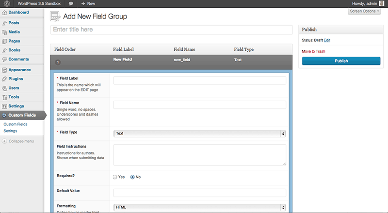 The screen to add a new field to a field group in Advanced Custom Fields