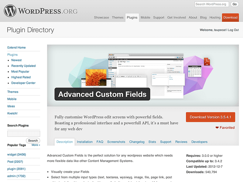 Advanced Custom Fields entry in the WordPress Plugins Directory