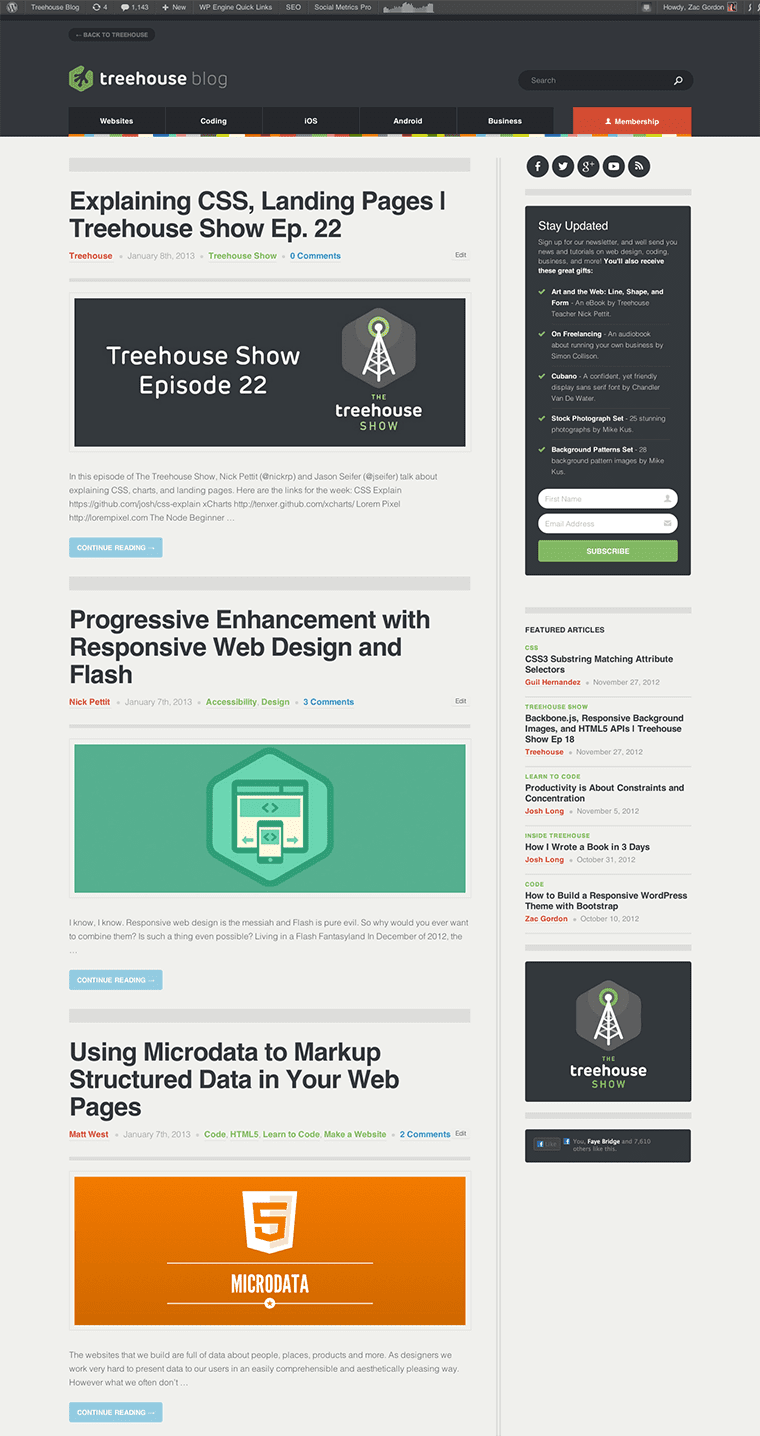 A screenshot showing a number of blog posts being listed on the Treehouse blog