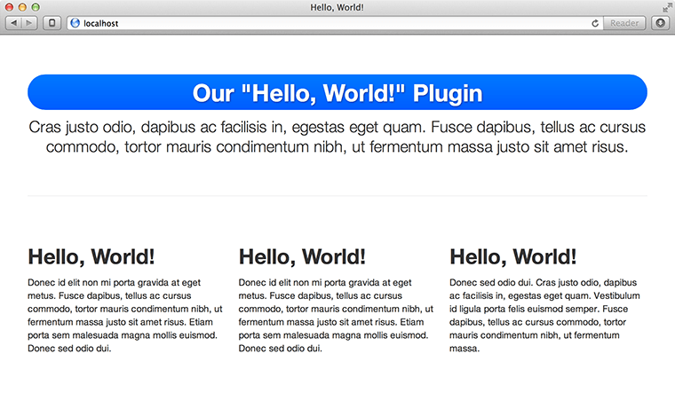 A screenshot of our webpage with the <h2> headers swapped out with "Hello, World!"