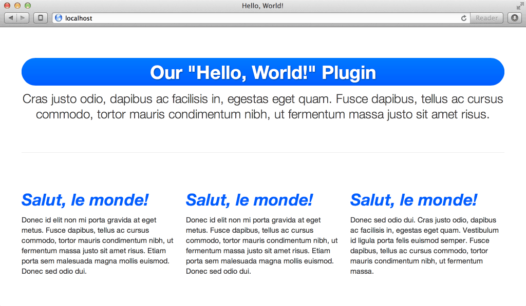 A screenshot of our web page, now in French with blue, italic text.