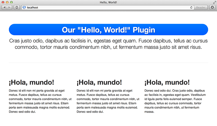 Screenshot of our "Hello, World!" plugin in Spanish.