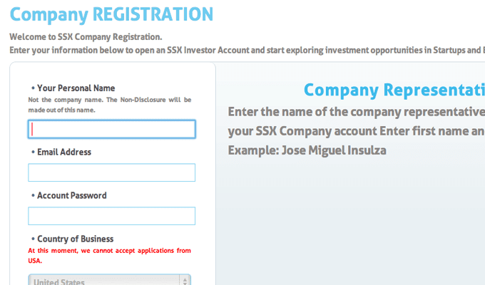 startups ssx homepage website register form