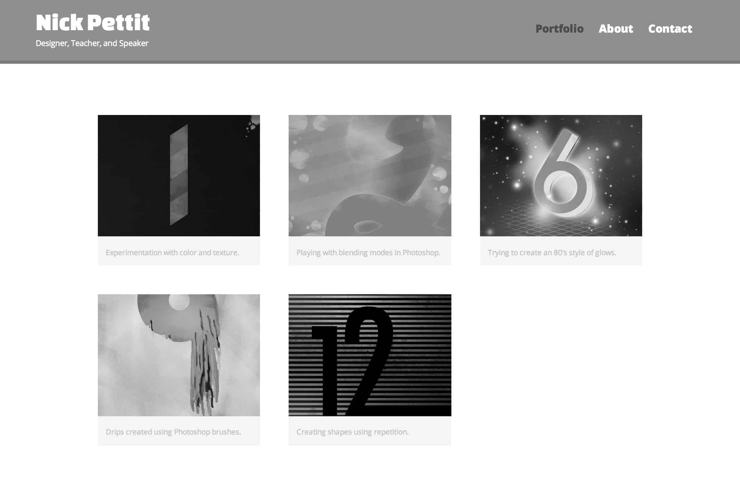 Black and white screenshot of a portfolio website.