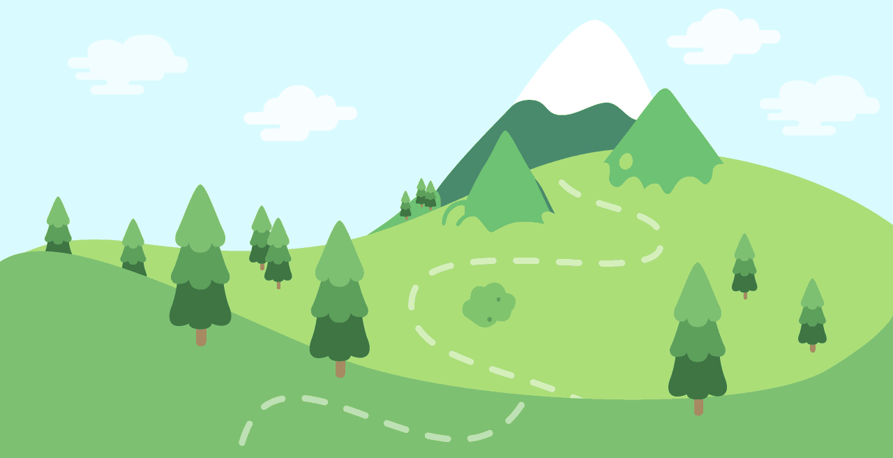 Illustrator of a few grassy hills and a snowcapped mountain.