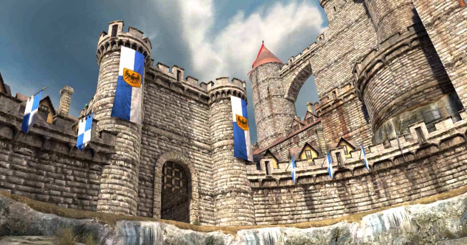 Screenshot of a medieval castle with banners flying on the sides.