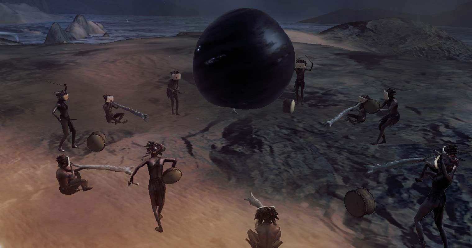 Screenshot from the game From Dust. A tribe chants around a floating black orb.