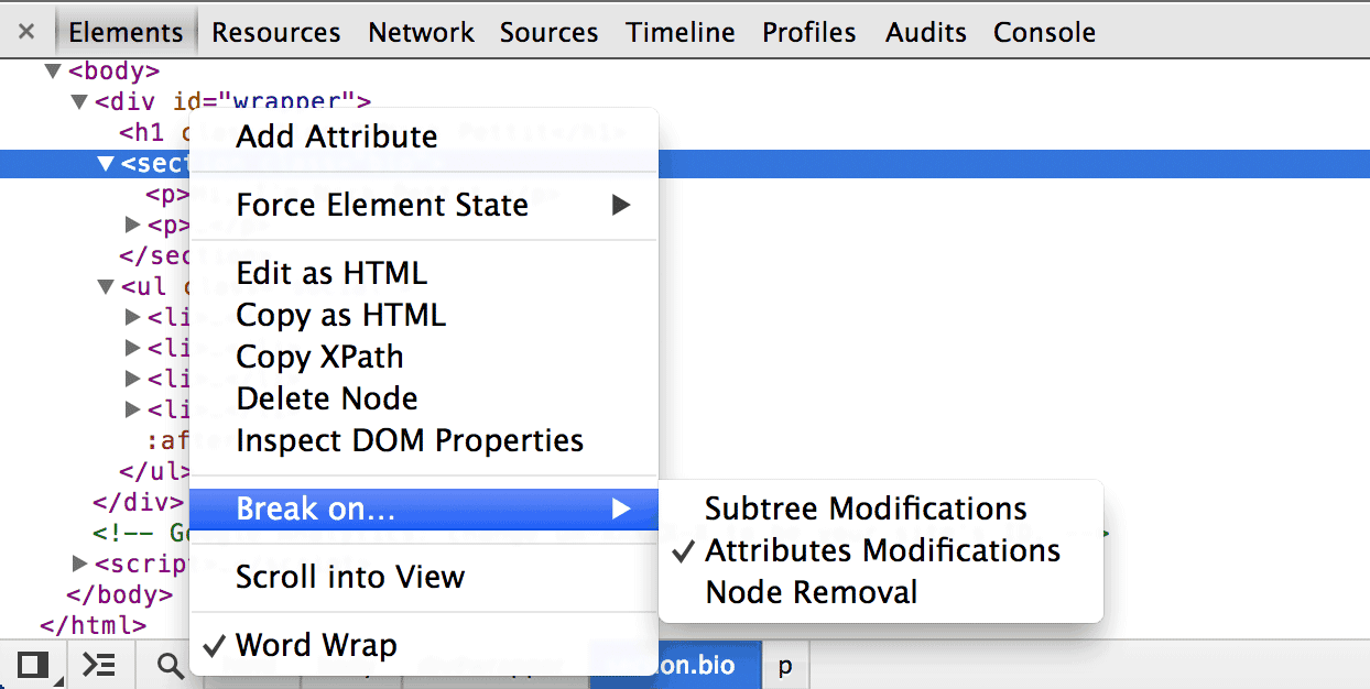 Screenshot of the DevTools featuring a contextual submenu titled Break On.