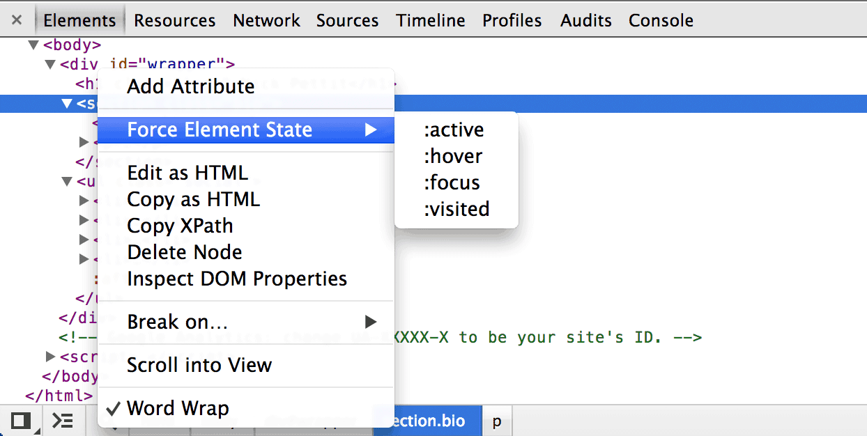Screenshot of the DevTools featuring a contextual submenu titled Force Element State