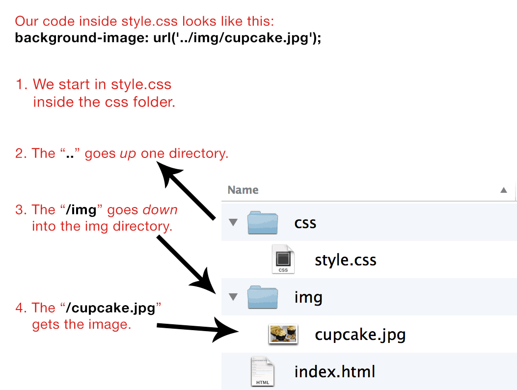 Our code inside style.css looks like this: background-image: url('../img/cupcake.jpg'); 1. We start in style.css inside the css folder. 2. The “..” goes up one directory. 3. The “/img” goes down into the img directory. 4. The “/cupcake.jpg” gets the image.