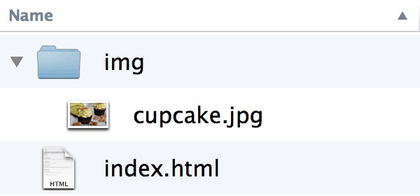 File directory with a folder called img and an index.html file at the root level. Inside the img folder is an image called cupcake.jpg