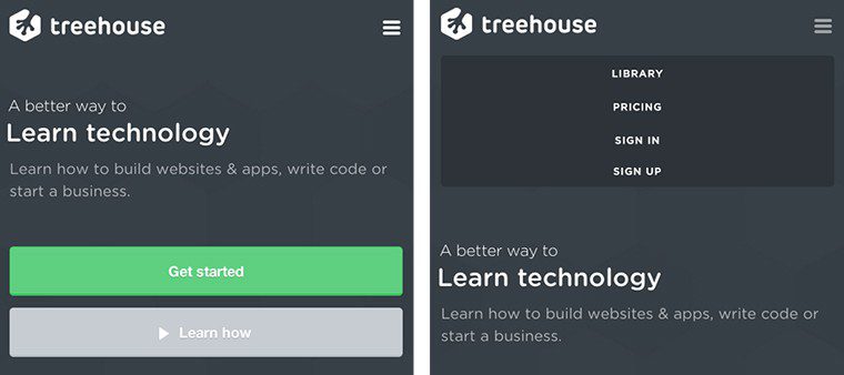 Treehouse collapses the navigation into an icon for mobile devices that can be clicked to reveal the full navigation. 