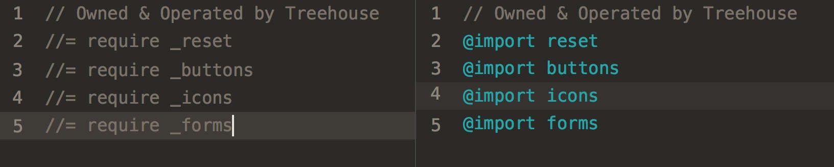 An example of sprocket manifest syntax compared to Sass @import