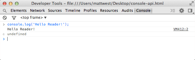 The developer tools console in Chrome.