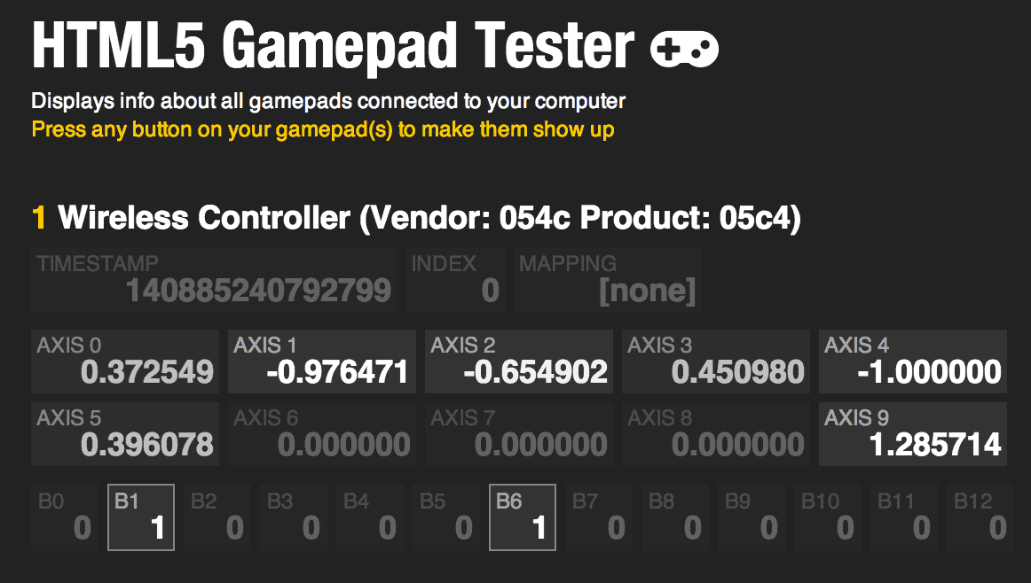 Screenshot of the HTML5 Gamepad Tester website with various pieces of button and axes output.