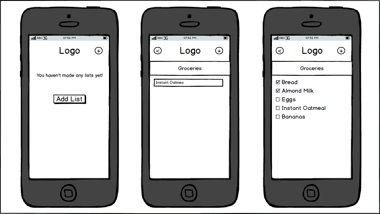Mockup of a todo list app with three screens.