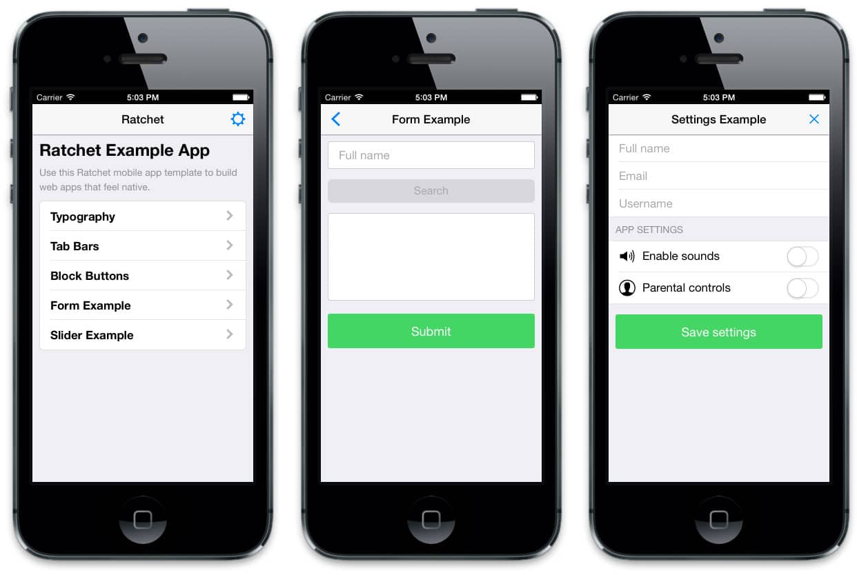 Three screenshots of an iPhone showing the example Ratchet application.