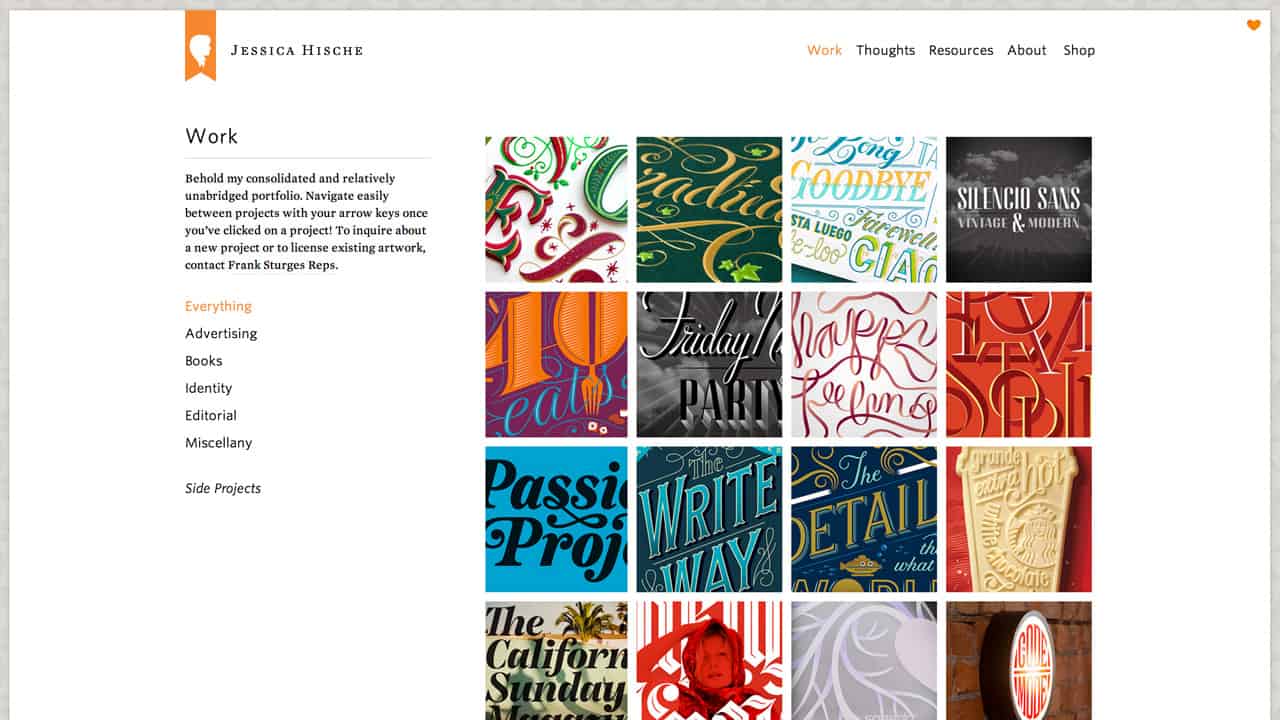 Screenshot of Jessica Hische's portfolio at http://jessicahische.is/working