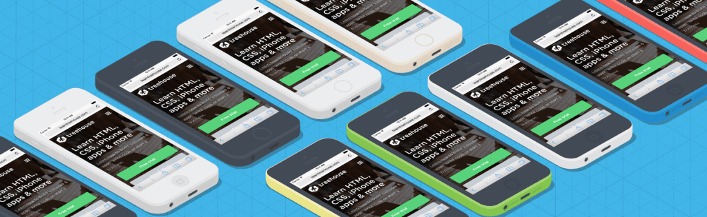 Illustration of several iPhones displaying the Treehouse website.
