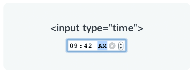 Screenshot of input element of type time, displaying special up and down arrows to select hours, minutes, and meridiem.