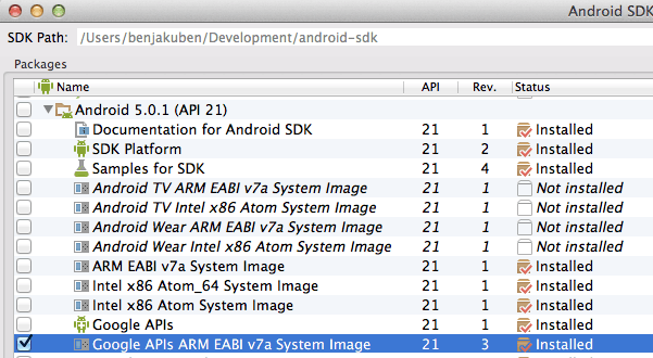 SDK Manager with Google API Emulator