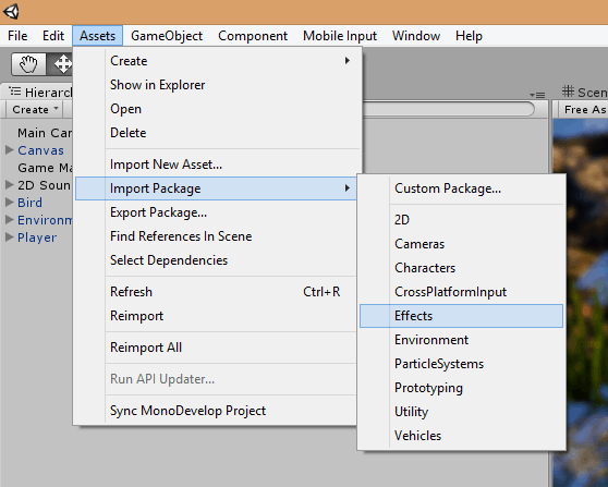 Screenshot of the menu in Unity for Assets > Import Package > Effects