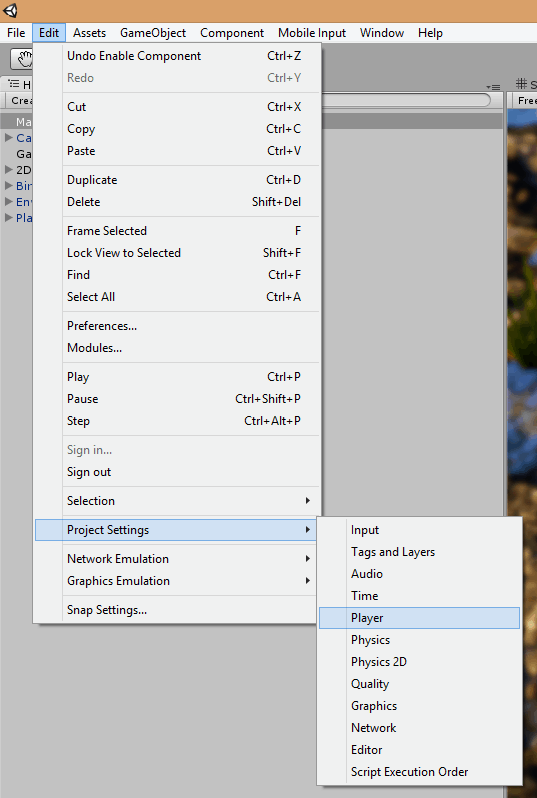 Screenshot of a menu in Unity for Edit > Project Settings > Player