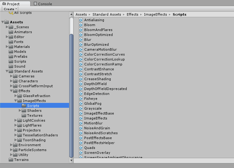 Screenshot of the image effects folder in Unity after import.