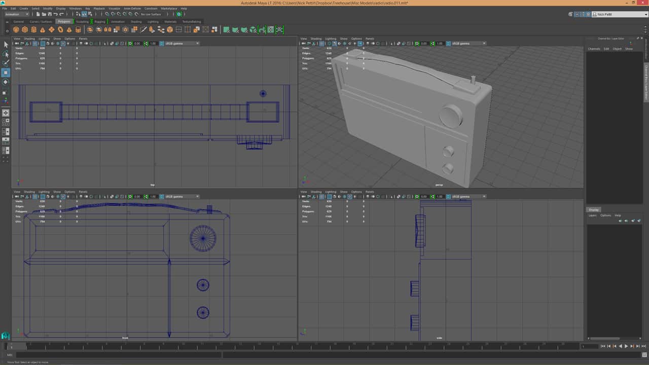 Screenshot of the 3D modeling application Maya LT, containing a design for an old radio.