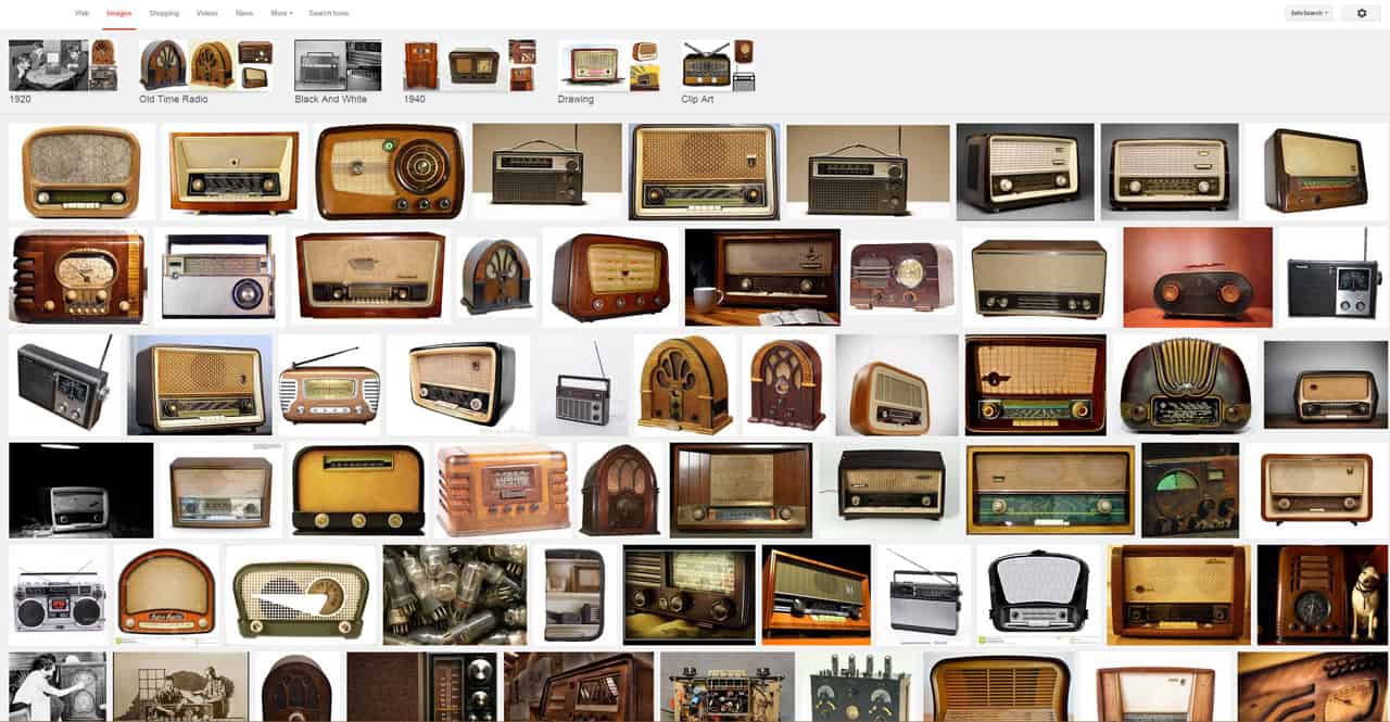 Screenshot of Google Images displaying the search results for "old radio." There are many different types of old wooden radios and AM-FM portable radios.