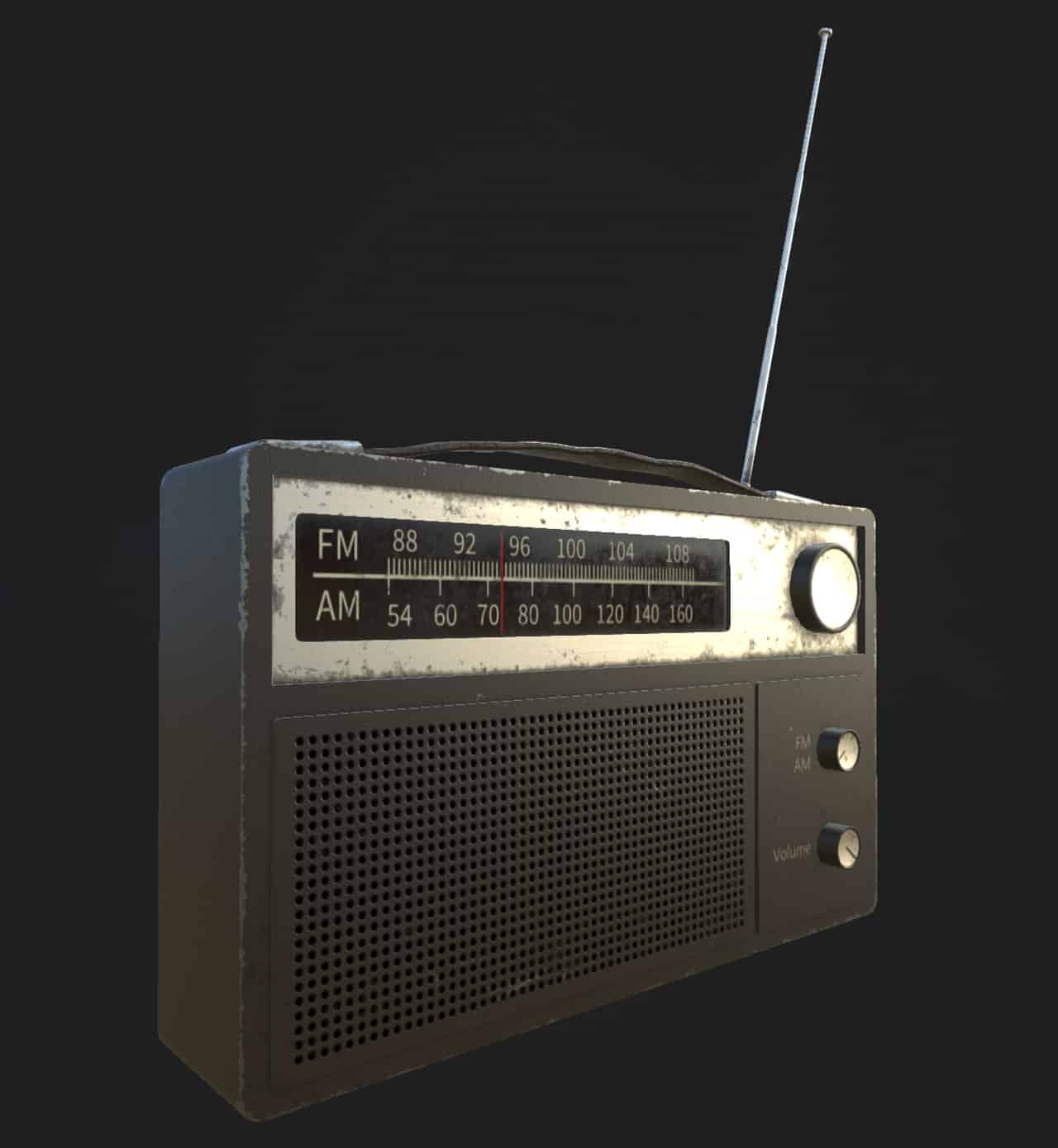 Screenshot of an old AM/FM radio with knobs, a metal antenna, and a leather handle.