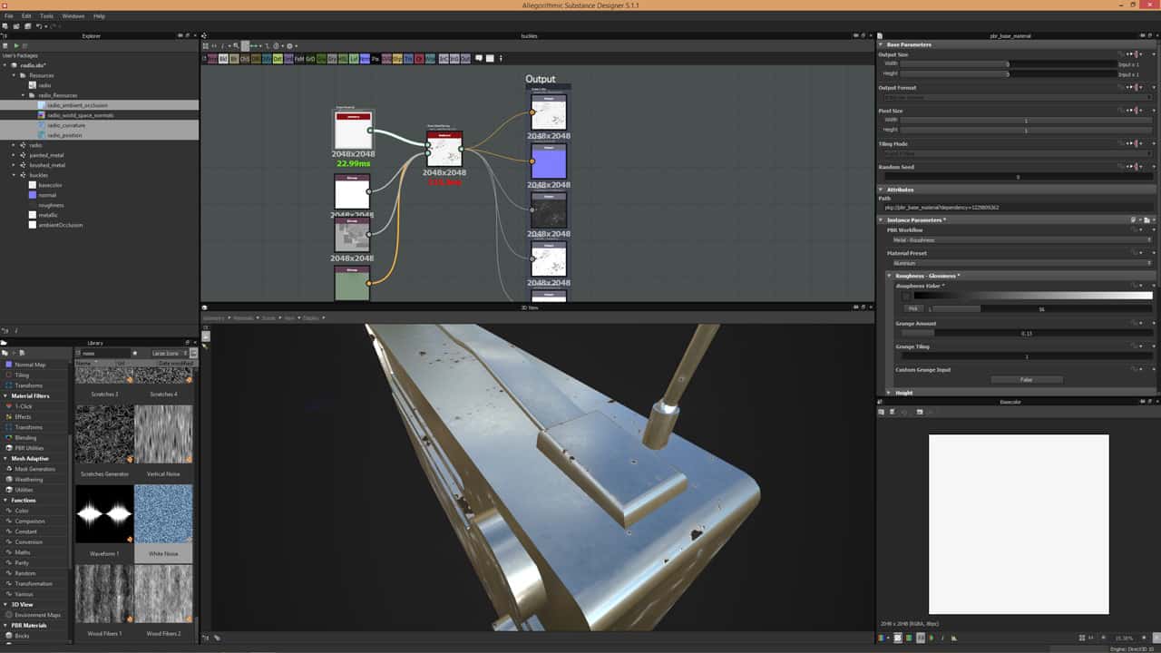 Screenshot of Substance Designer with a close up of the radio. At this stage of the process, the radio is completely metallic because other materials have not been applied yet.