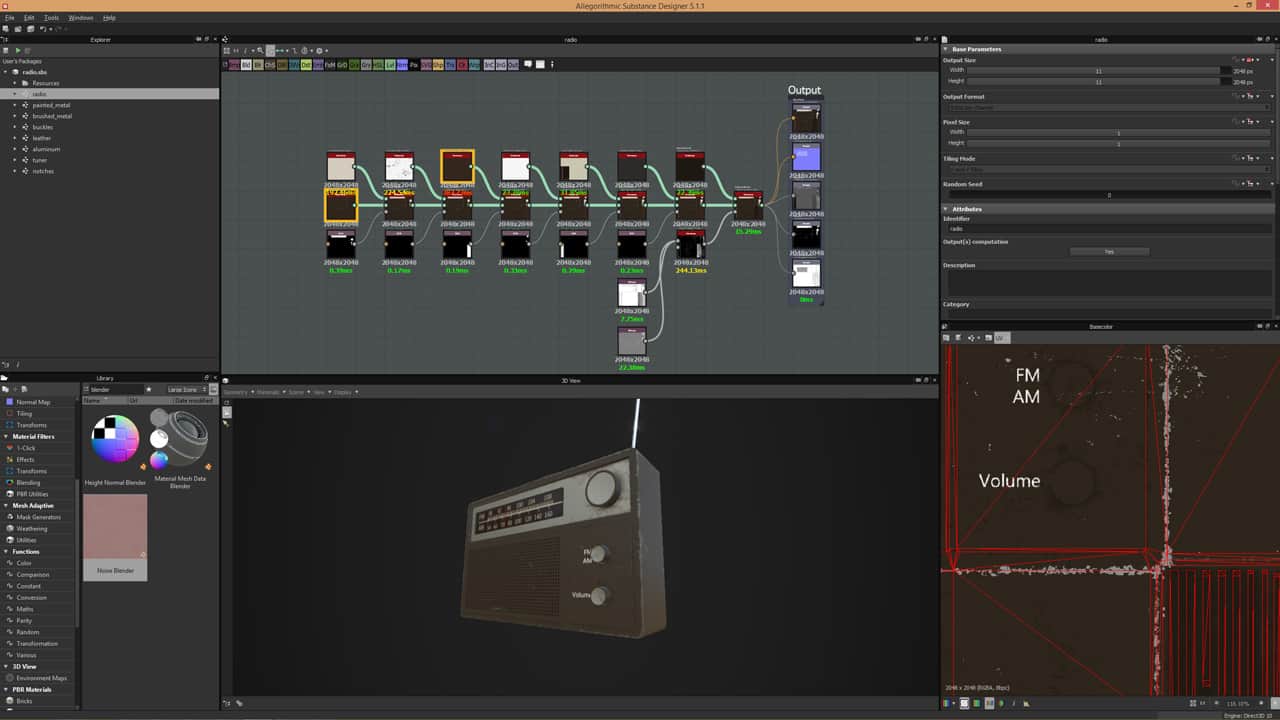 In this screenshot of Substance Designer, each material has been applied to the radio model using a master graph of nodes that masks each material one at a time.