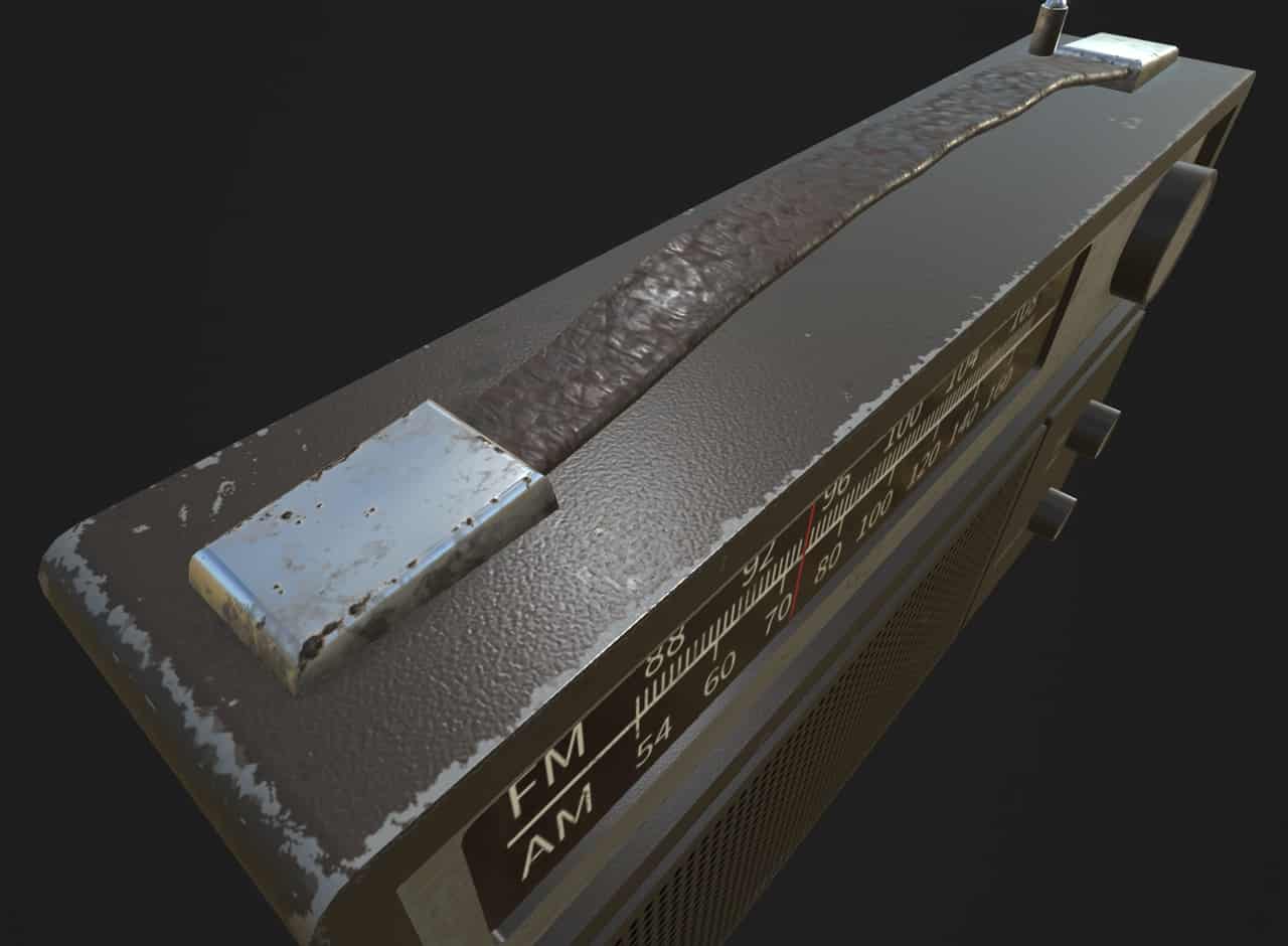 Screenshot of the old radio model with weathering applied. The handle is cracked leather, and the radio has paint chips revealing the metal beneath.