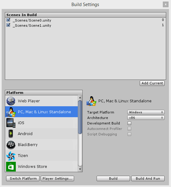 Screenshot of the build settings window in Unity.