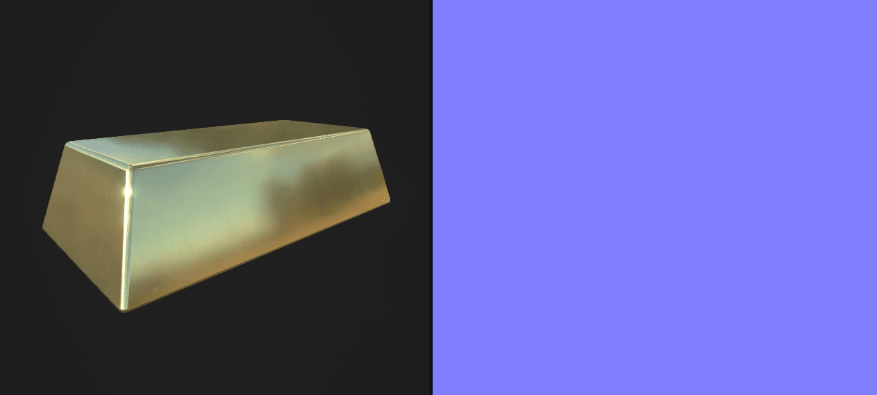 Screenshot of a gold bar without a normal map.