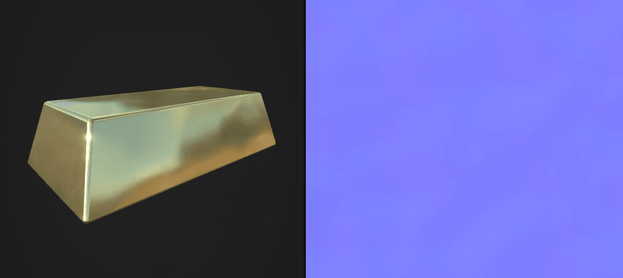 Screenshot of a gold bar with low frequency perlin noise in the normal map.
