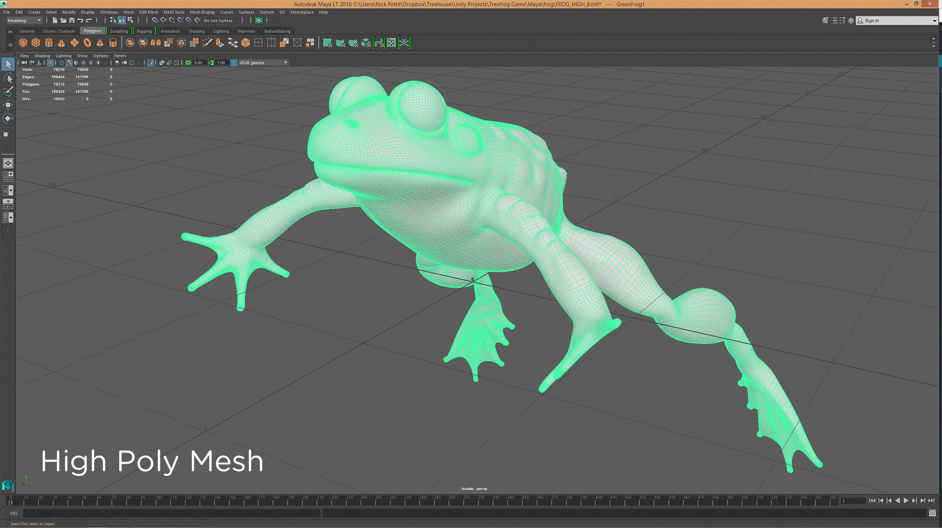 Animated gif demonstrating a low poly mesh and high poly mesh of a frog character in Maya.