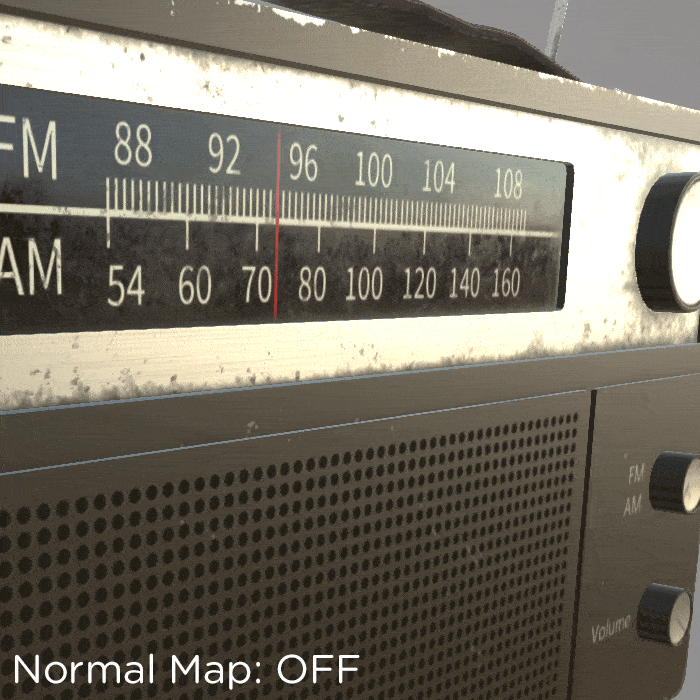 Animated GIF showing a radio game asset with its normal map off and then its normal map on.