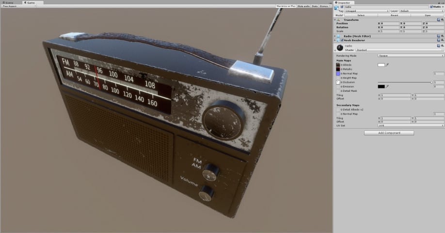 Screenshot of a radio asset in Unity with an attached Material component in the Inspector window.