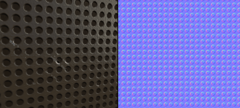 On the left is a close-up of the speaker holes of a radio. On the right is the normal map. The image on the left only has one polygon, but the normal map simulates the highlights and shadows that would be present if the surface had more geometric detail.
