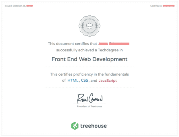 Treehouse Techdegree, certification, Front End Web Development, Full Stack JavaScript, iOS, Python