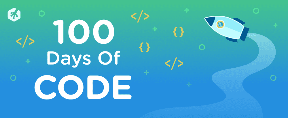 a blue and green gradient with a rocket and the text "100 days of code"